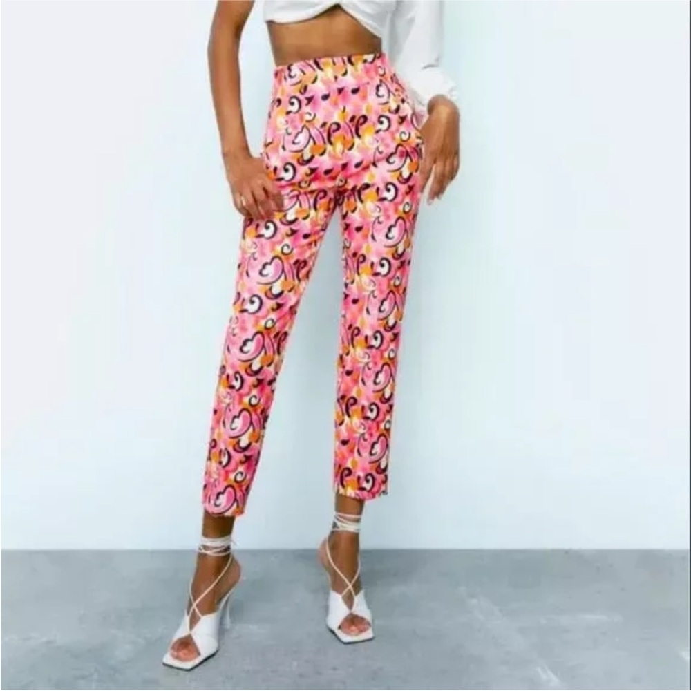 ZARA Paisley Floral High Waisted Ankle Crop Pleated Trouser Pants PINK/MULTI NEW - Picture 1 of 5